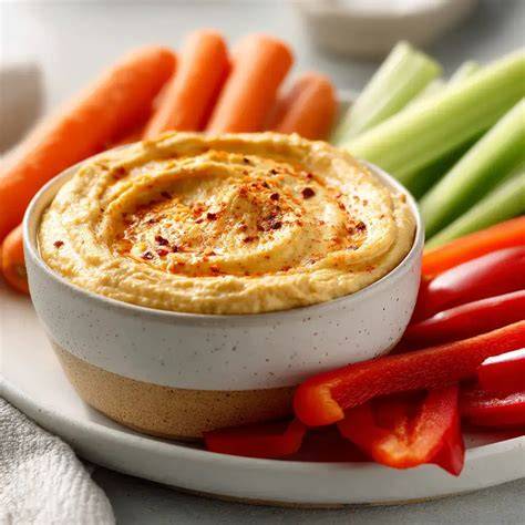 A savory evening snack of sliced vegetables and hummus is arranged on a plate.
