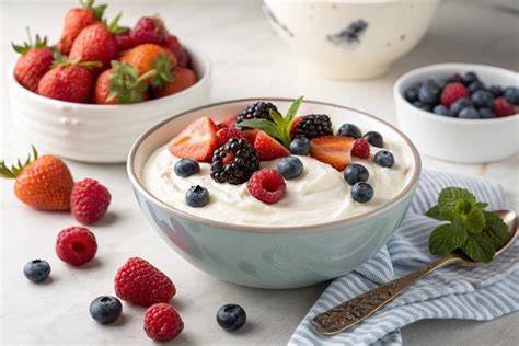 A bowl of Greek yogurt topped with berries is served as an evening snack.