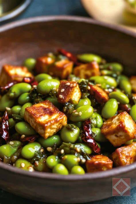 Cubed tofu and edamame form a dairy-free high-protein evening snack in a small bowl.