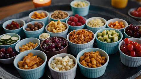 Small bowls hold measured evening snacks such as grapes, popcorn, and crunchy vegetables.
